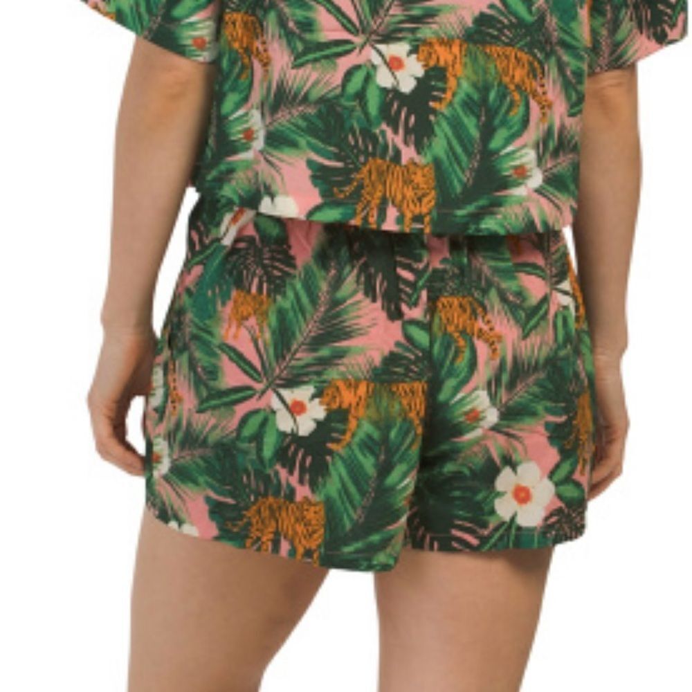 Cynthia Rowley M-L Green Orange Tropical Jungle Tiger Cropped Top & Short PJ Set - Picture 6 of 16